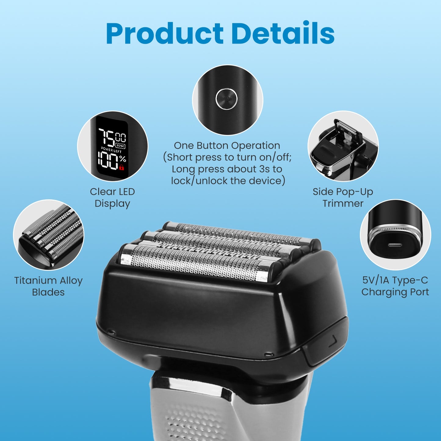 5-Blade Electric Foil Shaver for Men – Wet & Dry, IPX6 Waterproof