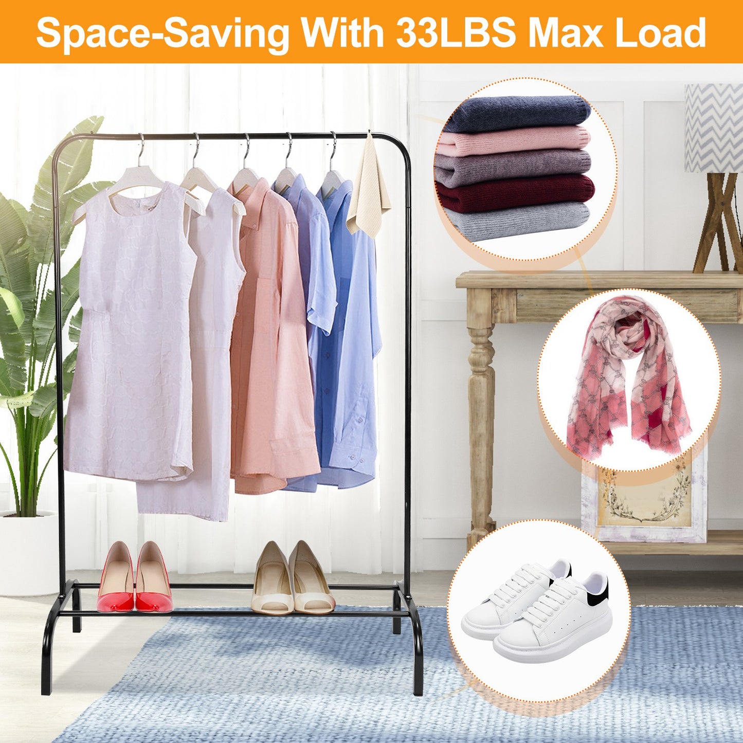 Freestanding Garment Rack with Bottom Shelf – 33lbs Heavy Duty Clothing Rack Organizer