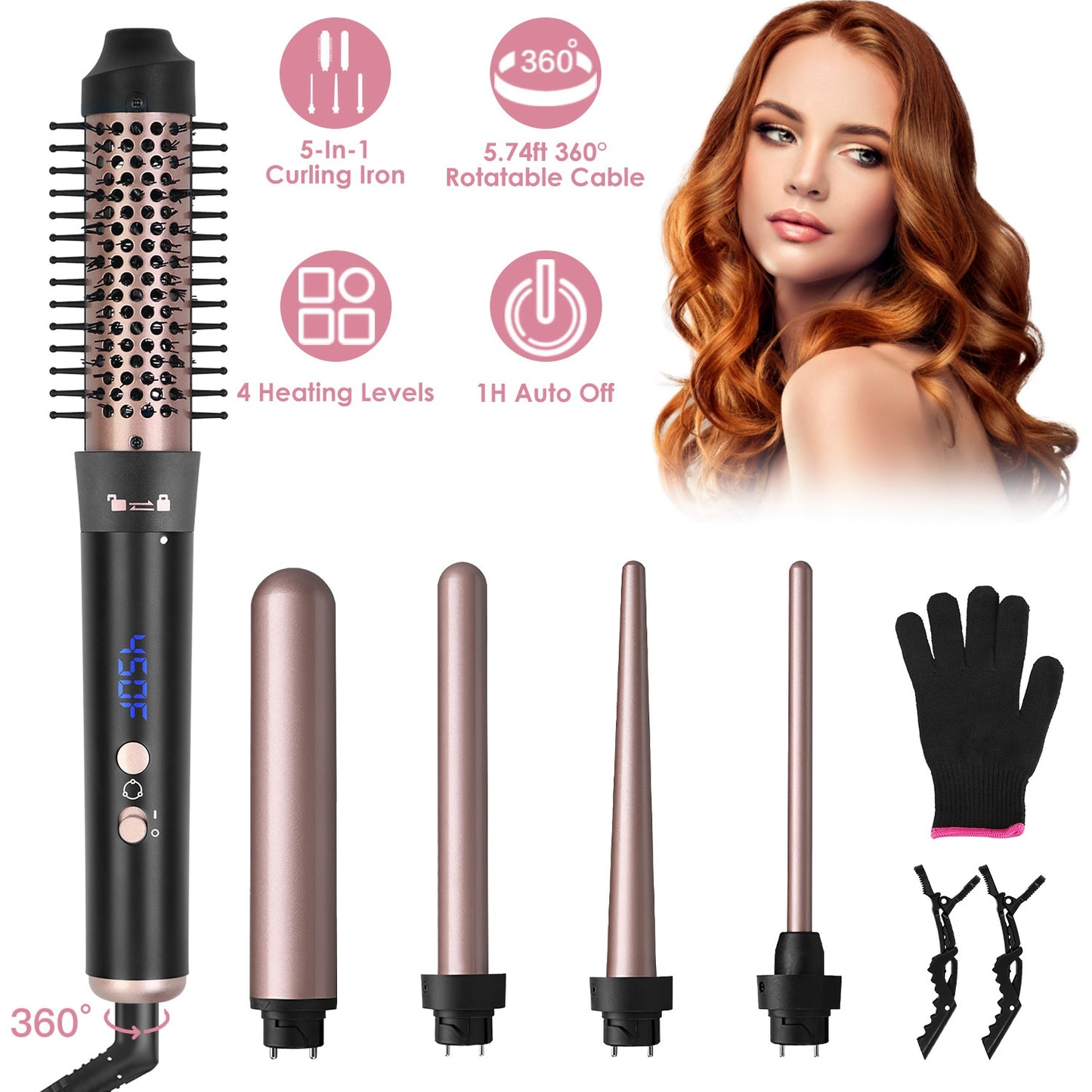 5-in-1 Curling Wand & Thermal Hair Brush – 4 Heat Levels, 360° Rotating, Anti-Tangle