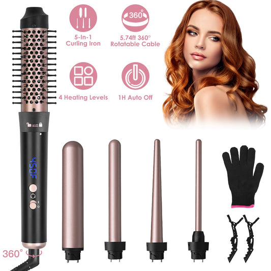 5-in-1 Curling Wand & Thermal Hair Brush – 4 Heat Levels, 360° Rotating, Anti-Tangle