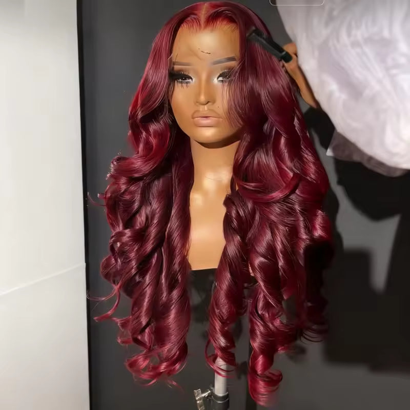 13x6 HD Burgundy Lace Front Wig – 100% Indian Human Hair, Cuticle Aligned, Pre-Plucked
