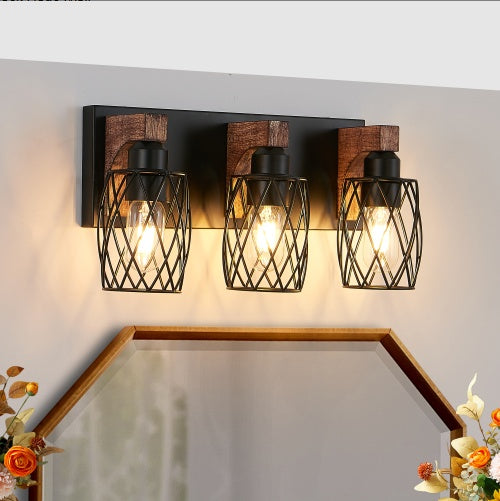 18-Inch Industrial 3-Light Wall Sconce Black Cage Wooden Accents