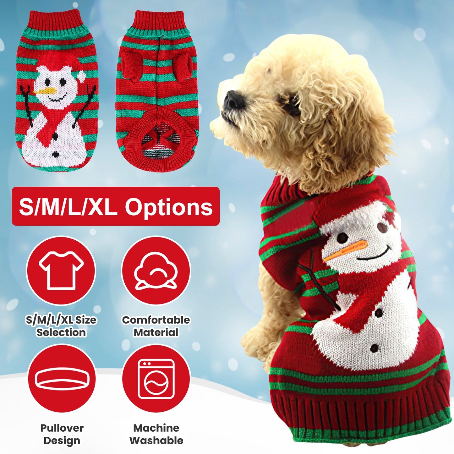 Pet Christmas Turtleneck Sweater – 2 Patterns, 4 Sizes for Dogs & Cats | Snowman & Stripes Holiday Costume