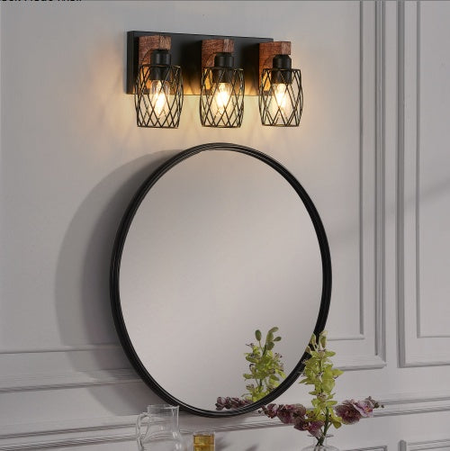 18-Inch Industrial 3-Light Wall Sconce Black Cage Wooden Accents