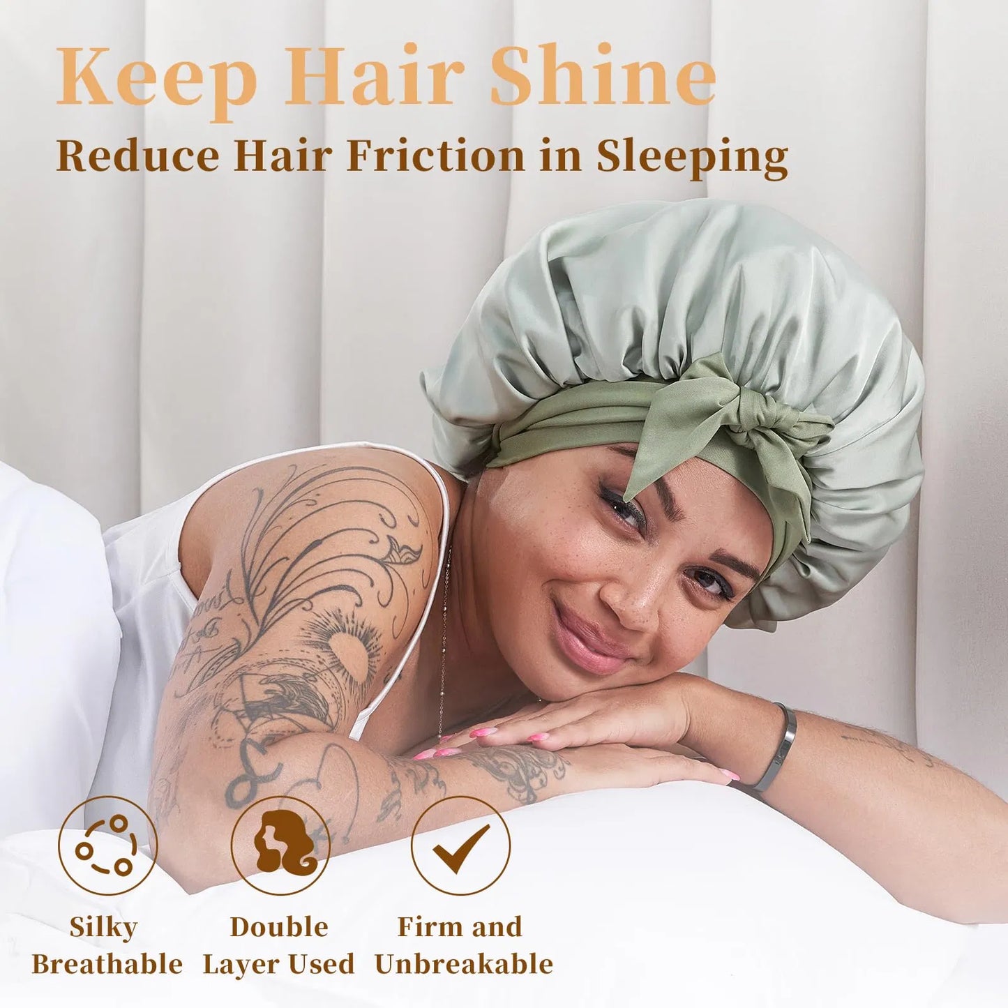 Silk Bonnet For Sleeping Women, Satin Hair Bonnet For Sleeping For Wavy Curly Natural Hair Women Men - Green