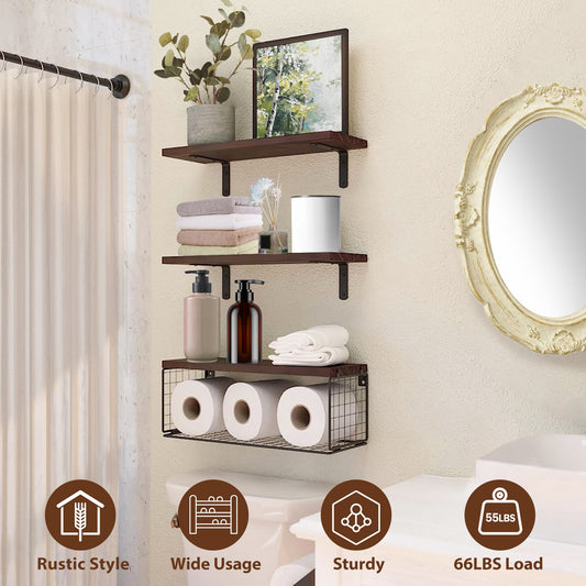 2-in-1 Floating Wall Shelves with Storage Basket – Wooden Bathroom, Bedroom & Living Room Organizer