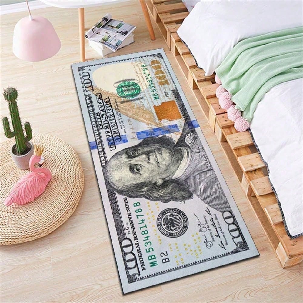 $100 Design Area Rug – Currency-Inspired Non-Slip Carpet for Living Room & Entryway