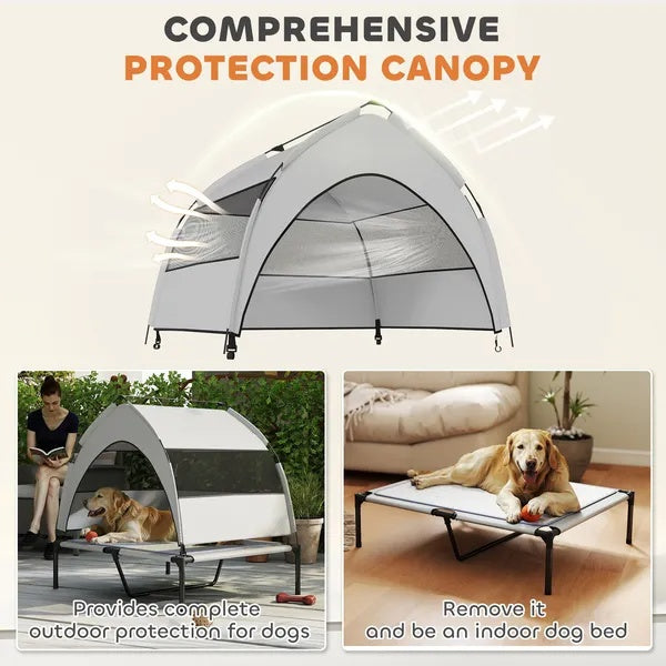 Outdoor Elevated Dog Bed with Canopy – Portable Raised Pet Cot with Cooling Pad