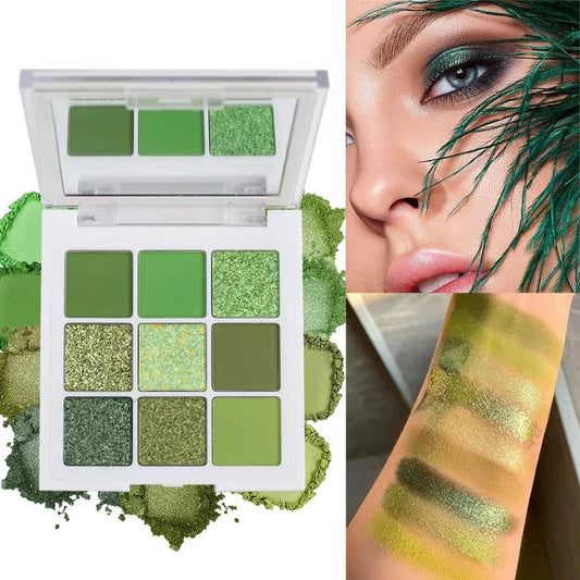 9-Color Green Eyeshadow Palette | Neutral Matte, Shimmer & Glitter Shades for Green Eyes