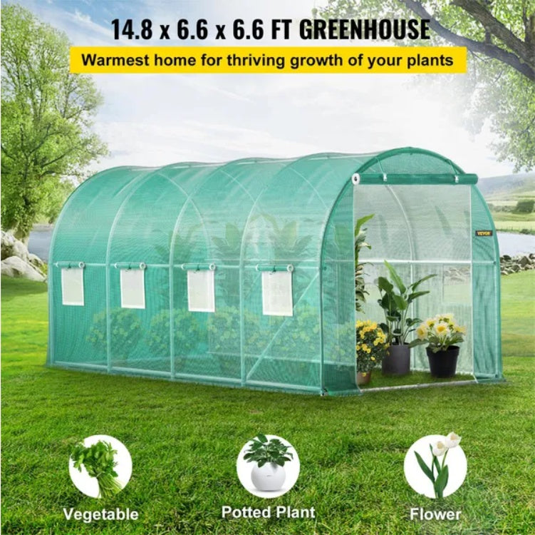 VEVOR 14.8×6.6×6.6 ft Walk-In Tunnel Greenhouse | Heavy-Duty Portable Plant Greenhouse with Galvanized Steel Frame, Roll-Up Windows & Zippered Door