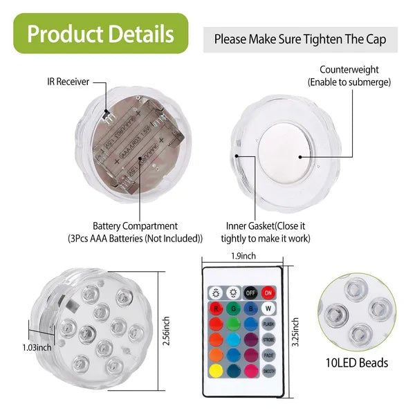 4Pcs Submersible RGB LED Underwater Lights IP68 Waterproof