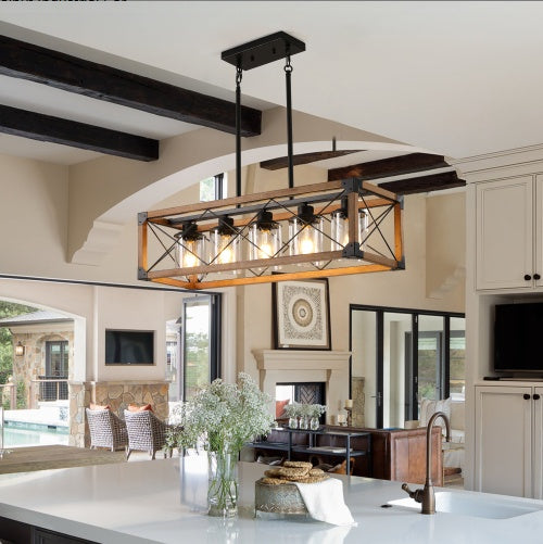 32-Inch Walnut Industrial Farmhouse 5-Light Rectangle Pendant