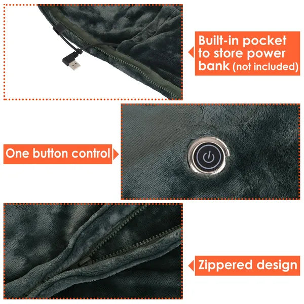 USB Electric Heated Blanket – Poncho Shawl Wrap Throw 59x31in, Washable with Zipper