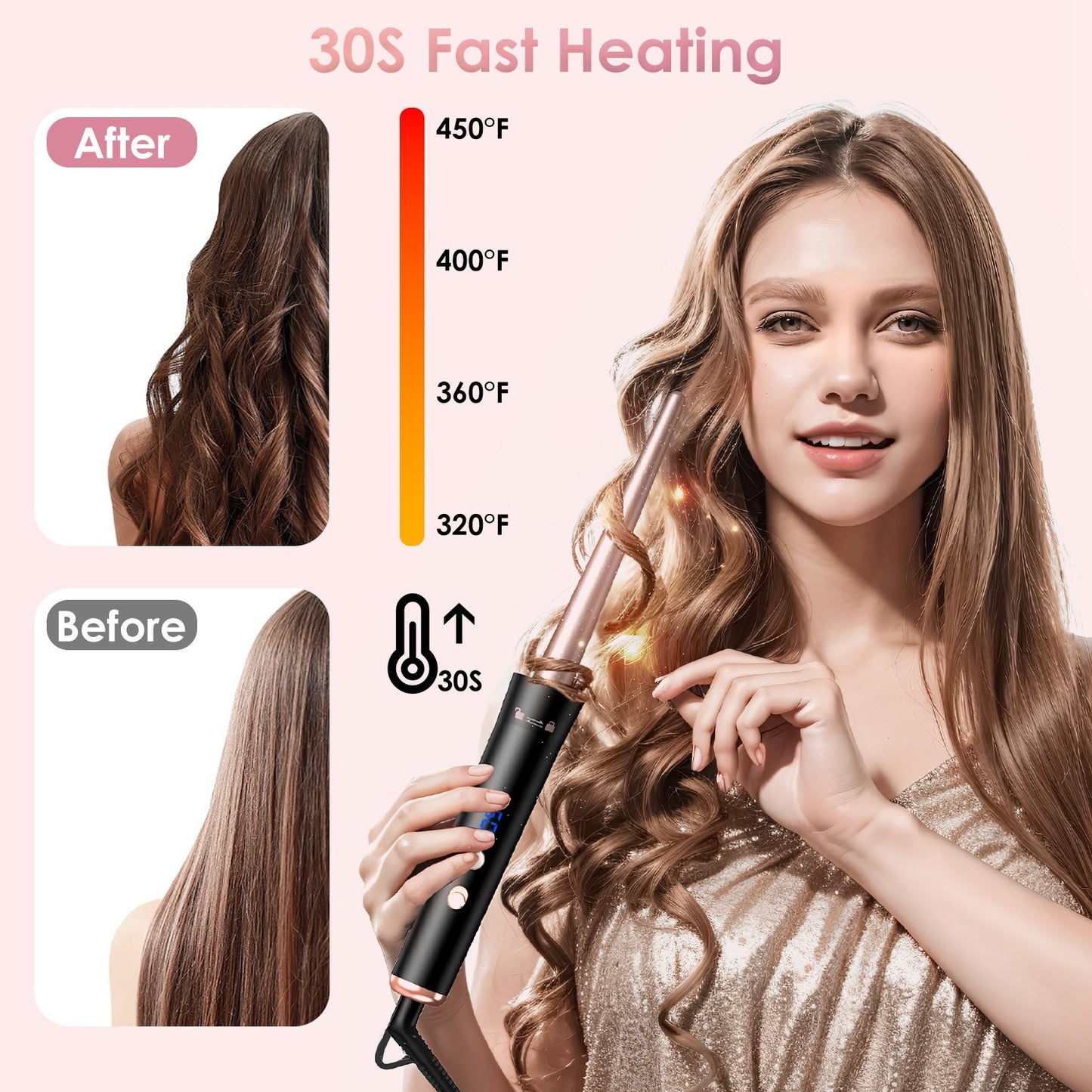 5-in-1 Curling Wand & Thermal Hair Brush – 4 Heat Levels, 360° Rotating, Anti-Tangle