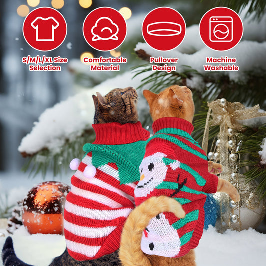 Pet Christmas Turtleneck Sweater – 2 Patterns, 4 Sizes for Dogs & Cats | Snowman & Stripes Holiday Costume