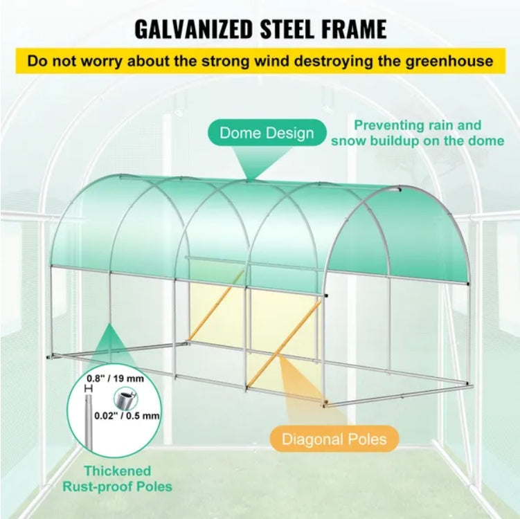 VEVOR 14.8×6.6×6.6 ft Walk-In Tunnel Greenhouse | Heavy-Duty Portable Plant Greenhouse with Galvanized Steel Frame, Roll-Up Windows & Zippered Door