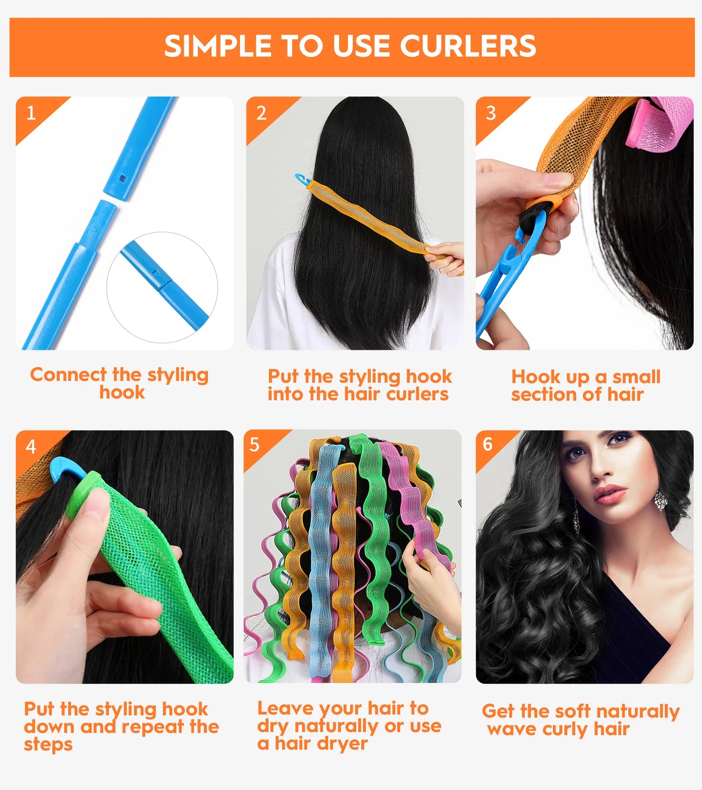30PCS Heatless Hair Curlers – 6-Color Wave Curl Styling Kit With Hooks