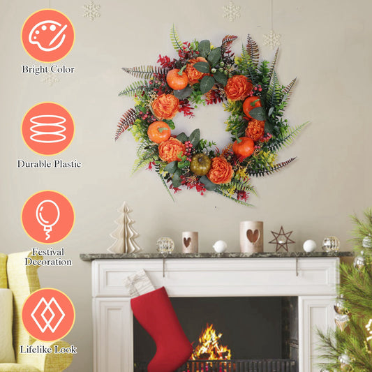 17.7in Autumn Wreath with Pumpkin, Leaves & Berries – Fall Decoration for Door & Wall