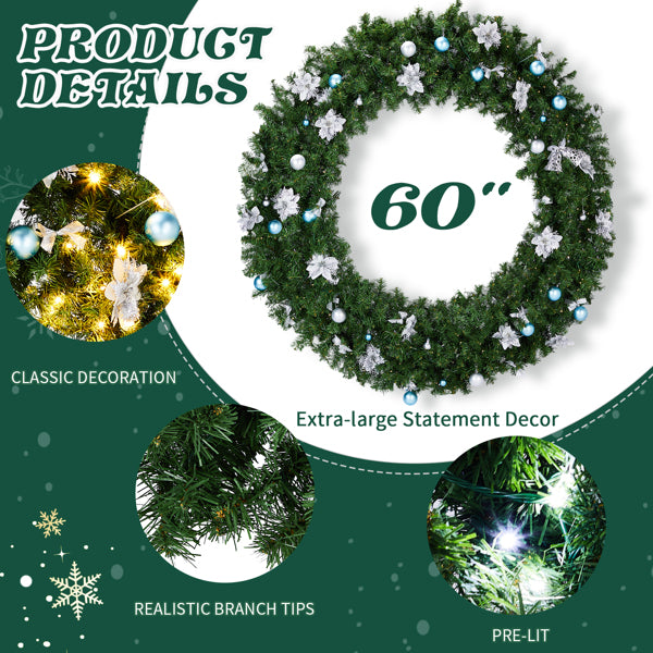 60in Pre-Lit Christmas Wreath – Artificial Xmas Wreath with 220 LED Lights & DIY Ornaments