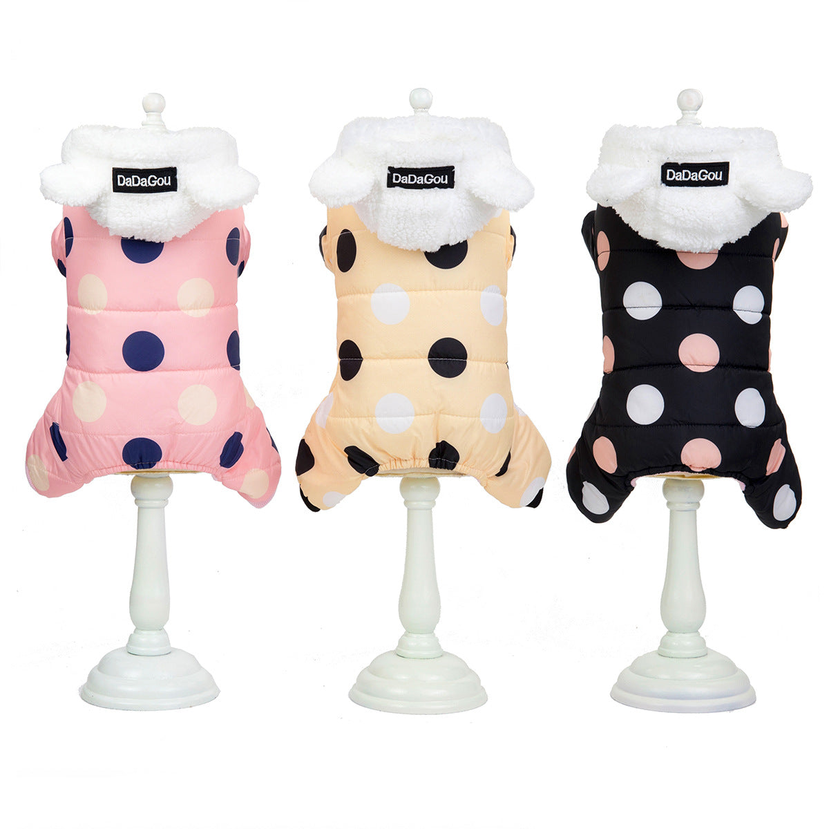 Warm Cotton Dog Coat – Big Polka Dot Four-Leg Winter Jacket for Pets