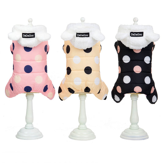 Warm Cotton Dog Coat – Big Polka Dot Four-Leg Winter Jacket for Pets