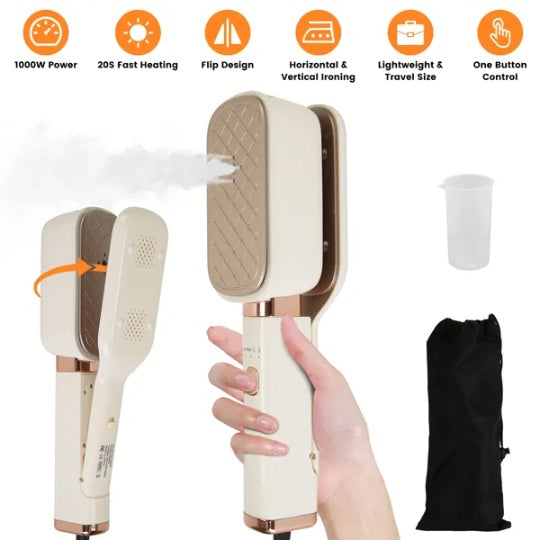 3-in-1 Handheld Travel Garment Steamer – 1000W, 180° Rotating Head, Flat Iron & Clip, Dry & Wet Ironing, 20oz Leak-Proof Tank, Lightweight for Home & Travel