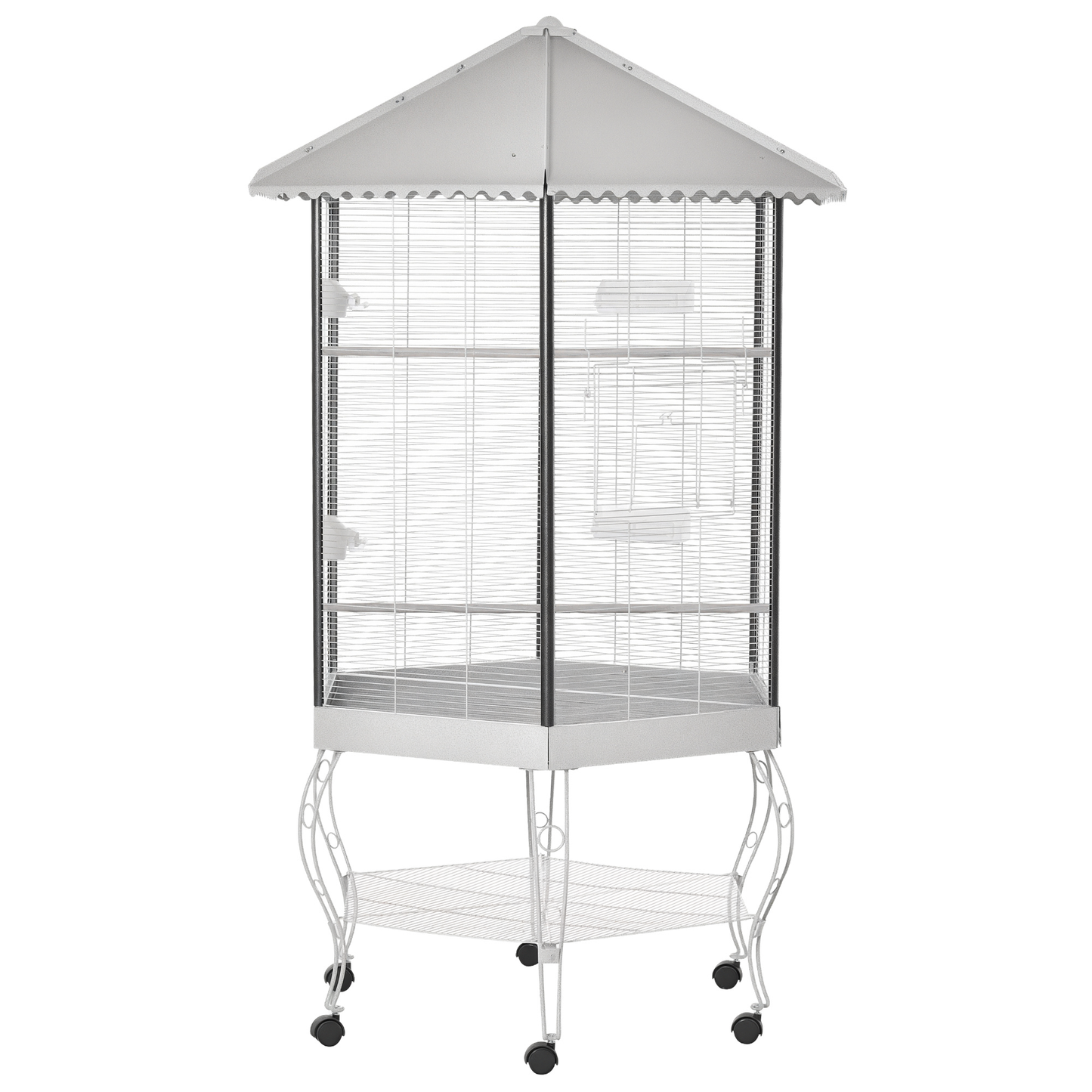 77” Hexagon Portable Flight Bird Cage Aviary with Covered Canopy & Storage Shelf