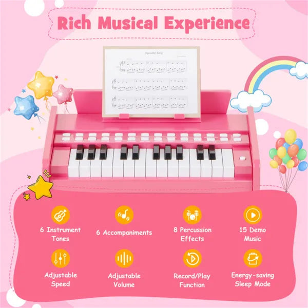 25 Keys Mini Digital Piano for Kids – Pink, Lighted Teaching Mode with 6 Tones & 15 Demo Songs
