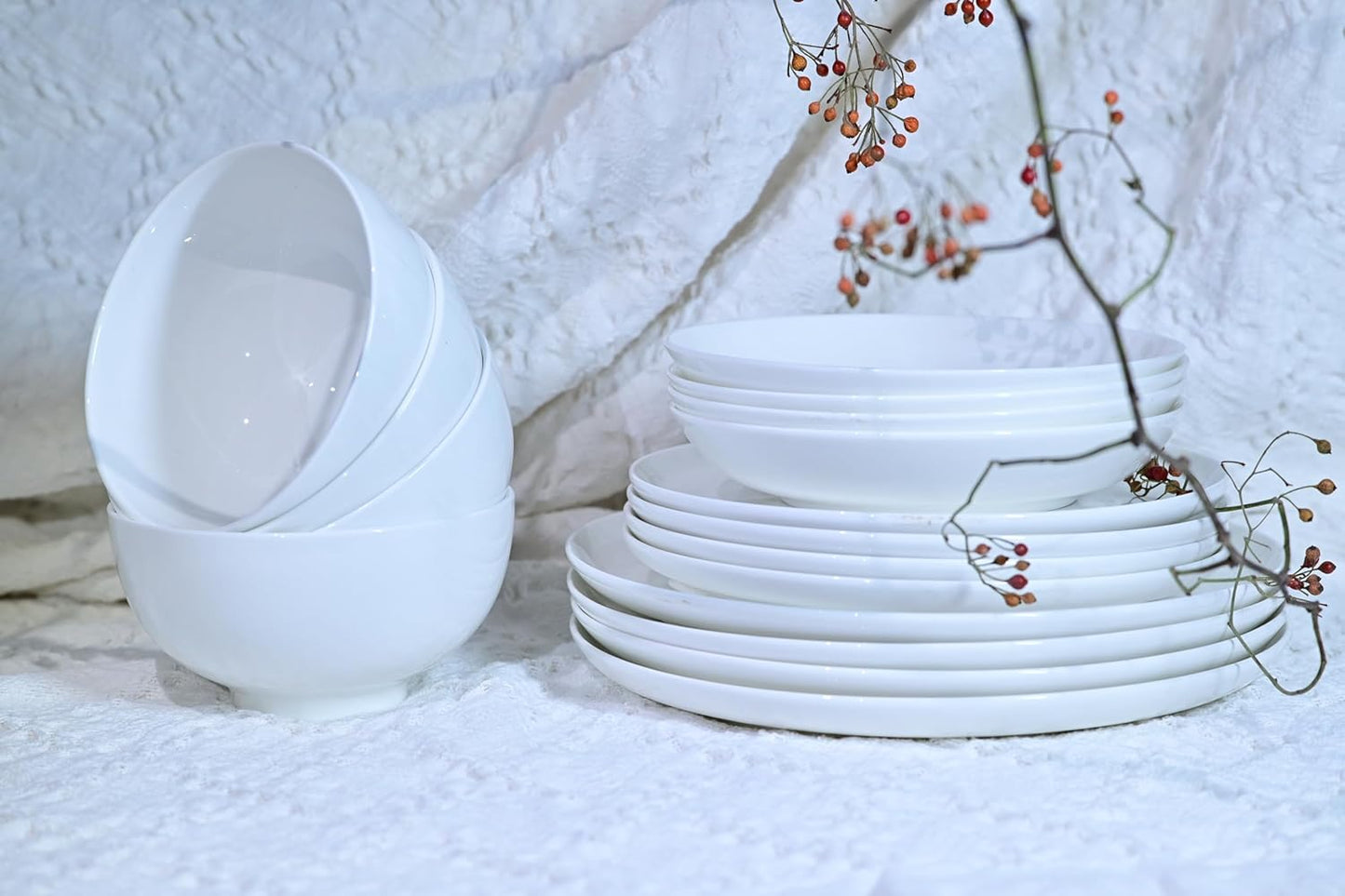Lily Bone China Dinnerware Set – 16-Piece White Plates & Bowls, Service for 4