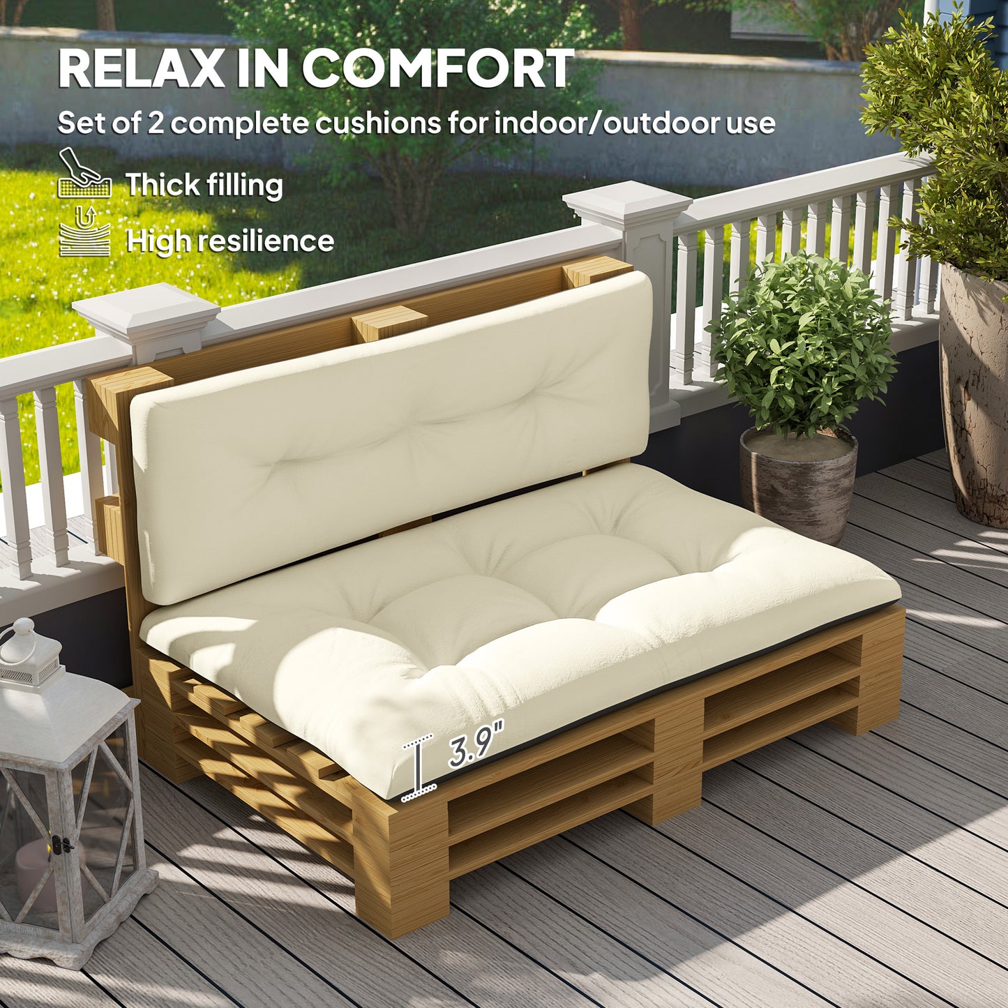 2-Seater Outdoor Pallet Cushions – 3.9in Thick Tufted Replacement Pads, Cream White