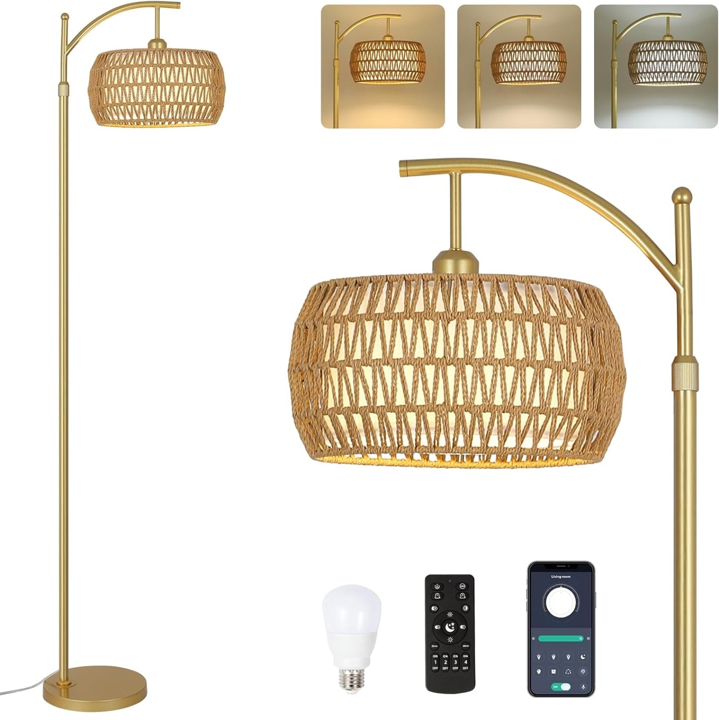 LED Gold Floor Lamp 3 Color Temperatures Remote Dimmable