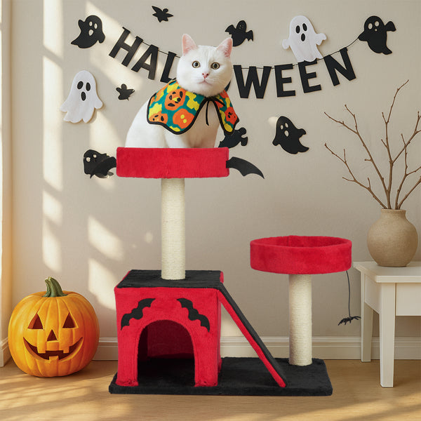 Halloween Cat Tree for Large Cats – Gothic Cat Tower with Condo, Perches, Scratching Posts & Ladder (Red & Black)