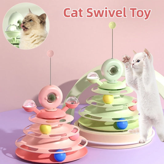 4-Level Cat Tower with Interactive Turntable & Roller Balls – Pet Puzzle Toy for Training & Fun