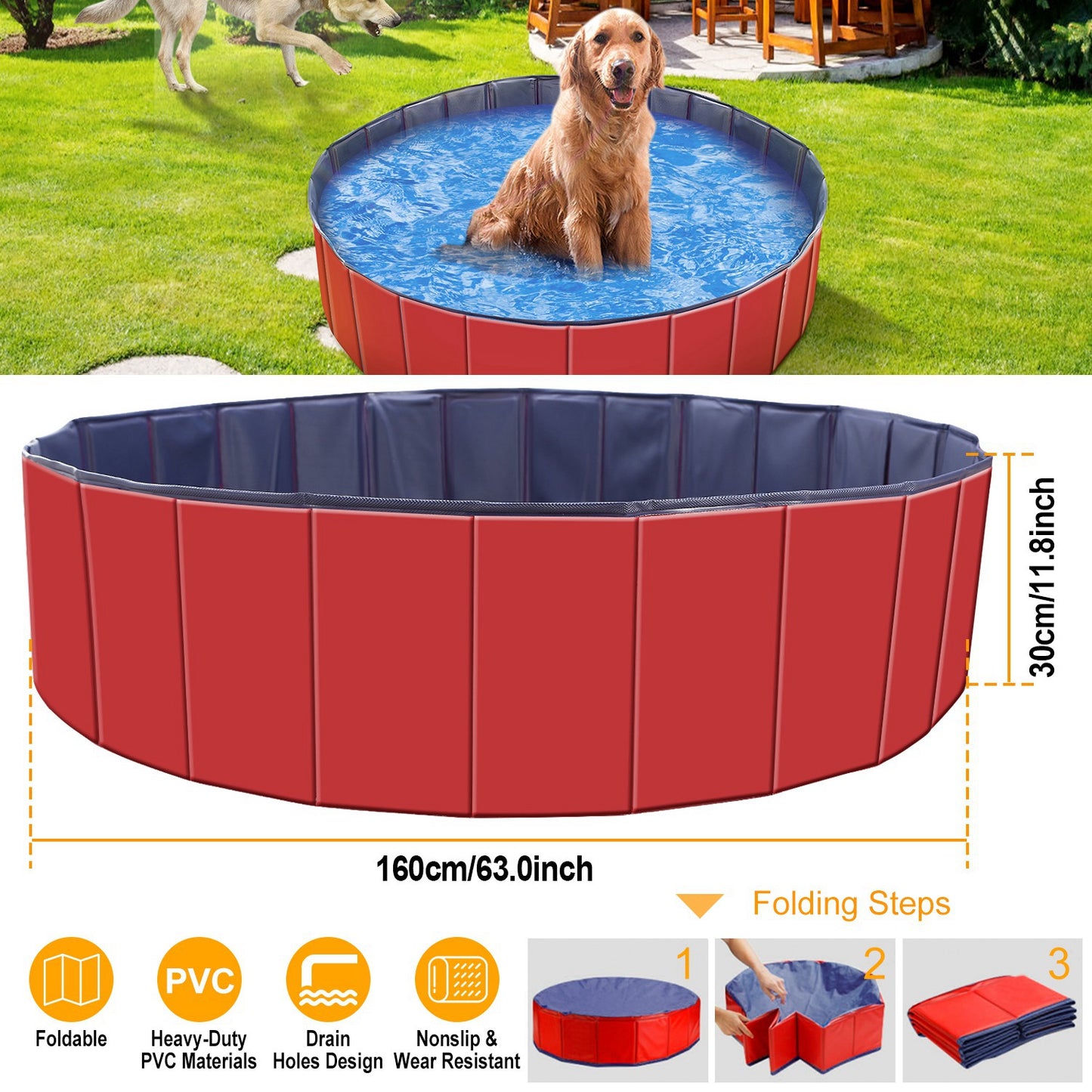 Foldable Pet Swimming Pool – 63"x63"x11.8" PVC Dog & Cat Bathing Tub, Outdoor/Indoor Play Pool