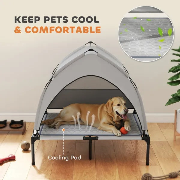 Outdoor Elevated Dog Bed with Canopy – Portable Raised Pet Cot with Cooling Pad