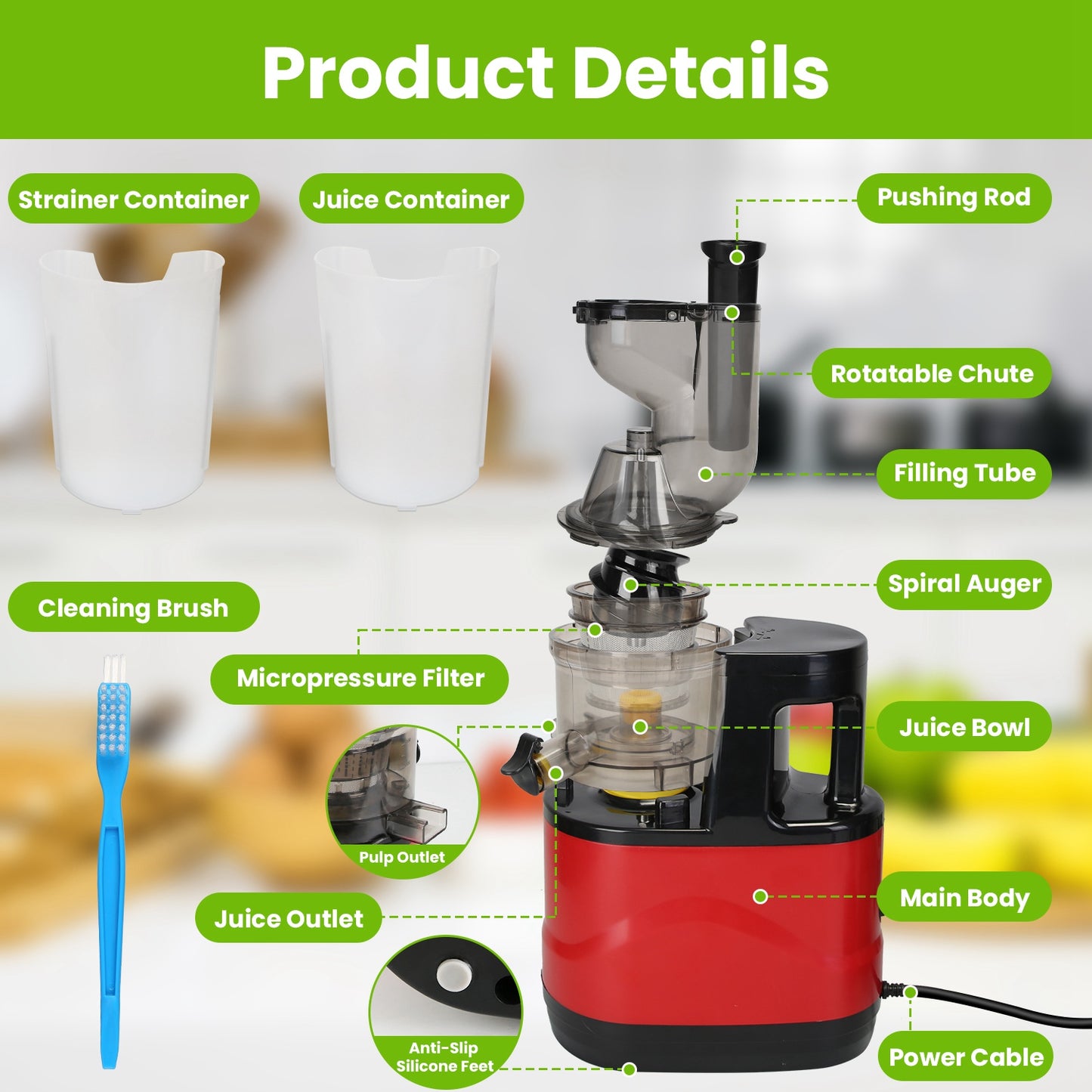 300W Cold Press Slow Juicer Machine With Reverse Function & 2 Containers