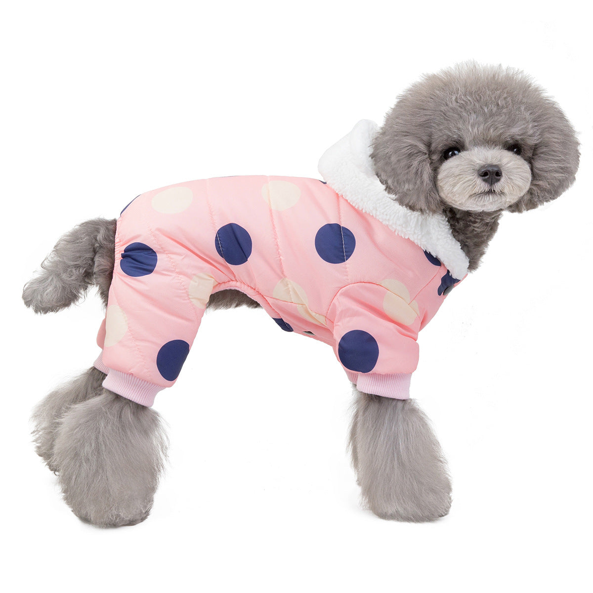 Warm Cotton Dog Coat – Big Polka Dot Four-Leg Winter Jacket for Pets
