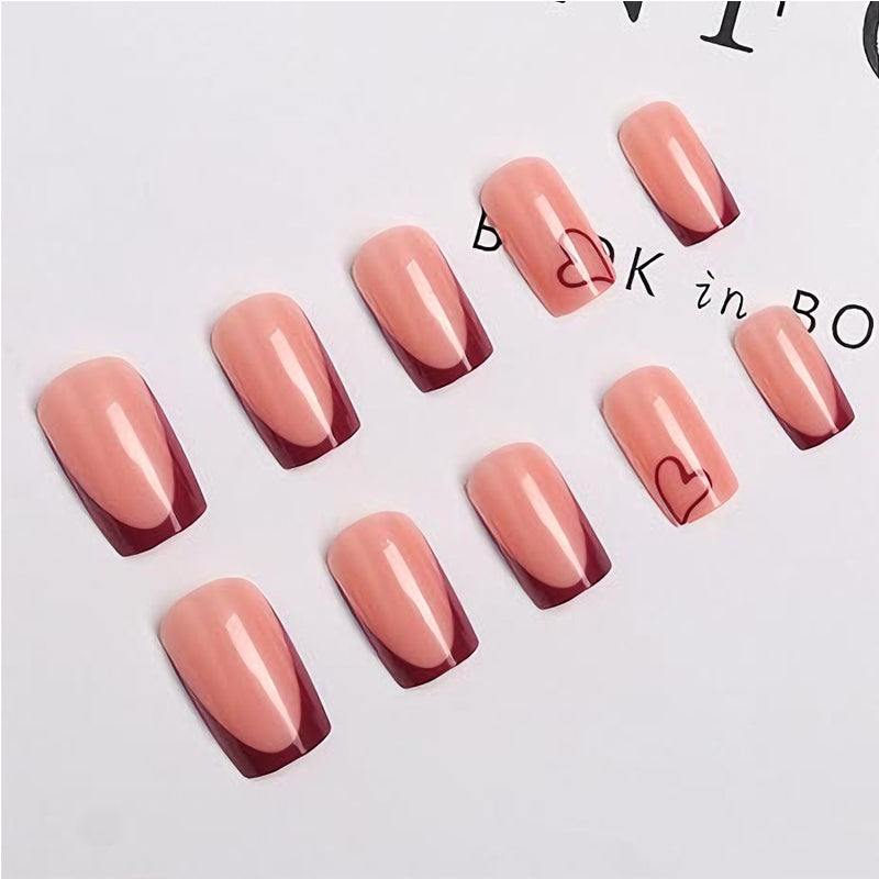 24PCS Valentine’s Day Press-On Nails – French Tip Medium Square Wine Red Heart Fake Nails, Natural Fit Gel Acrylic Glue-On Set