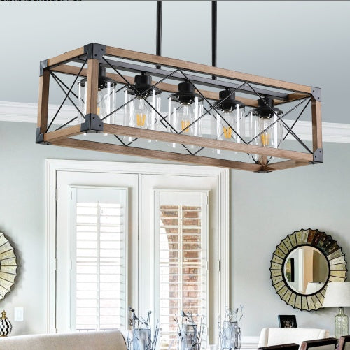 32-Inch Walnut Industrial Farmhouse 5-Light Rectangle Pendant