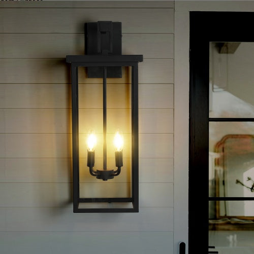 26-Inch Modern Outdoor Wall Lantern Black Metal Clear Glass