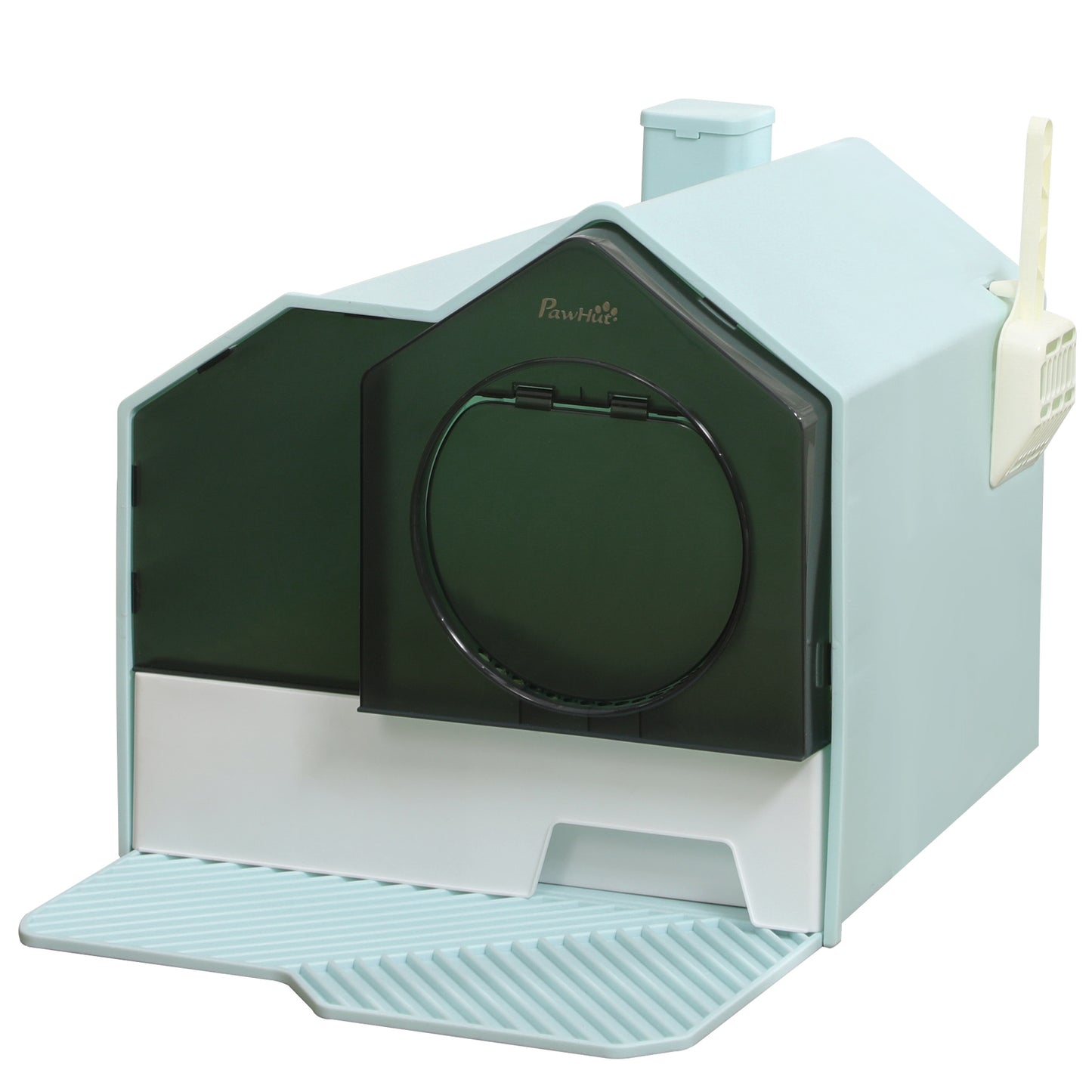 Hooded Cat Litter Box with Litter Mat – Particle Catching Design, Light Blue