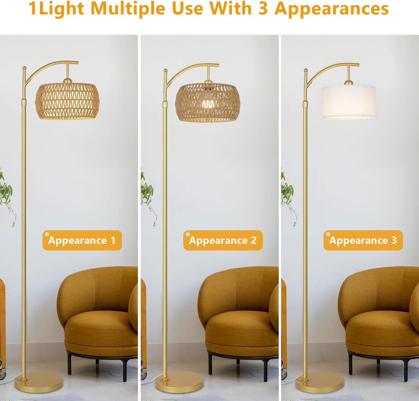 LED Gold Floor Lamp 3 Color Temperatures Remote Dimmable