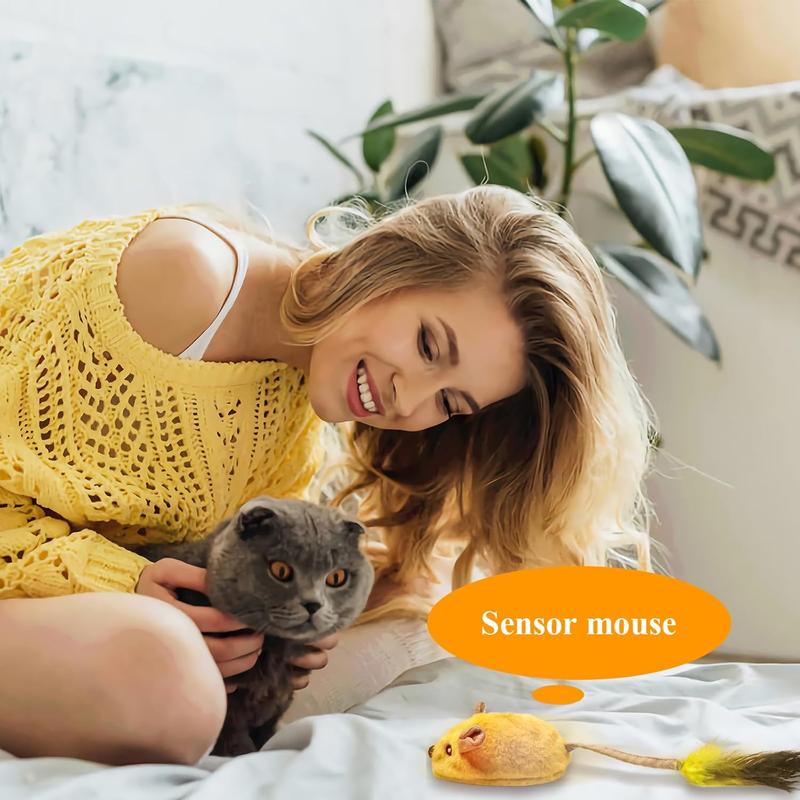 USB Rechargeable LED Cat Mouse Toy with Feather & Catnip – Automatic Moving Squeaky Toy