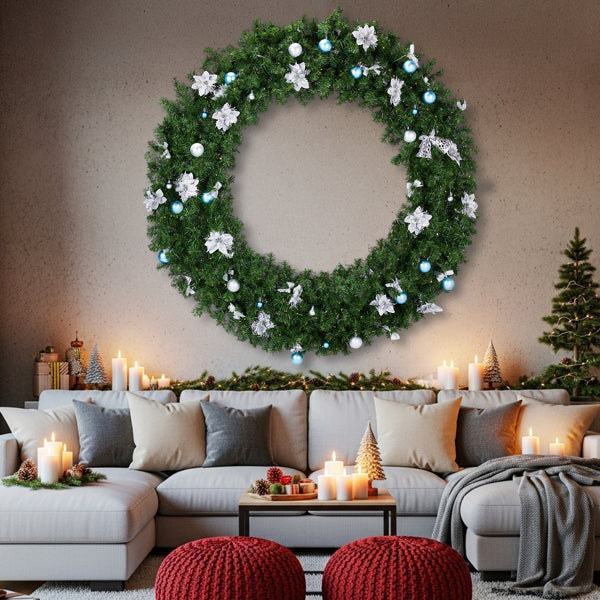60in Pre-Lit Christmas Wreath – Artificial Xmas Wreath with 220 LED Lights & DIY Ornaments