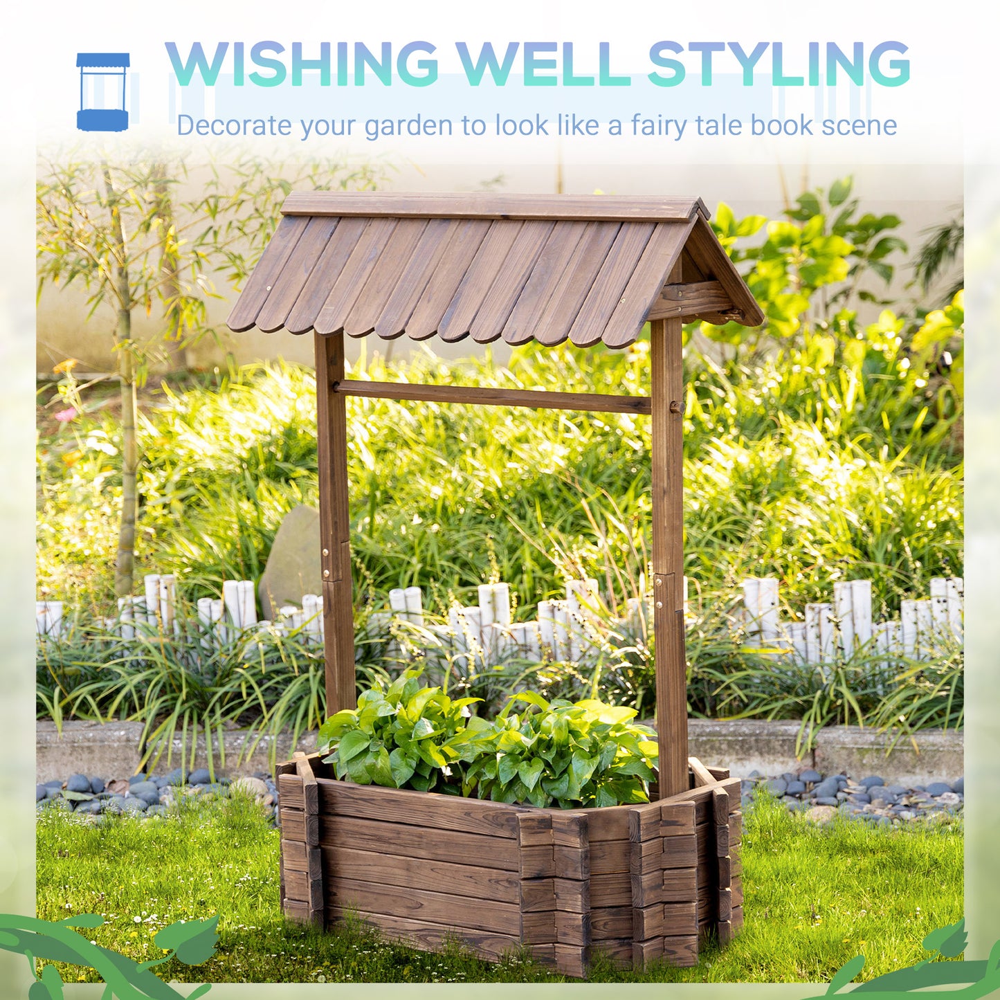 Wishing Well Wooden Planter – Raised Garden Bed for Outdoor Flowers & Garden Decor