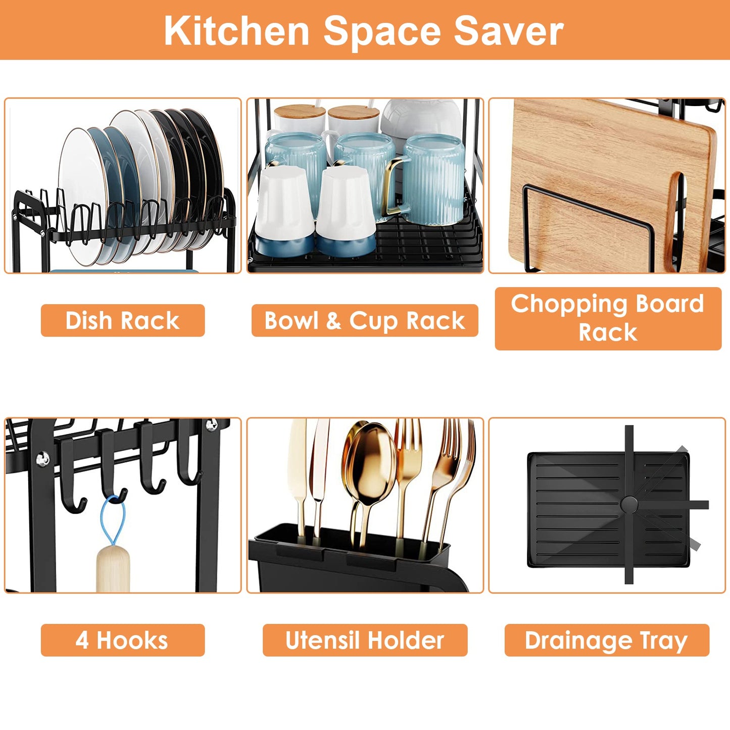2-Tier Dish Drying Rack – Rustproof Kitchen Counter Organizer with Drainboard & Utensil Holder