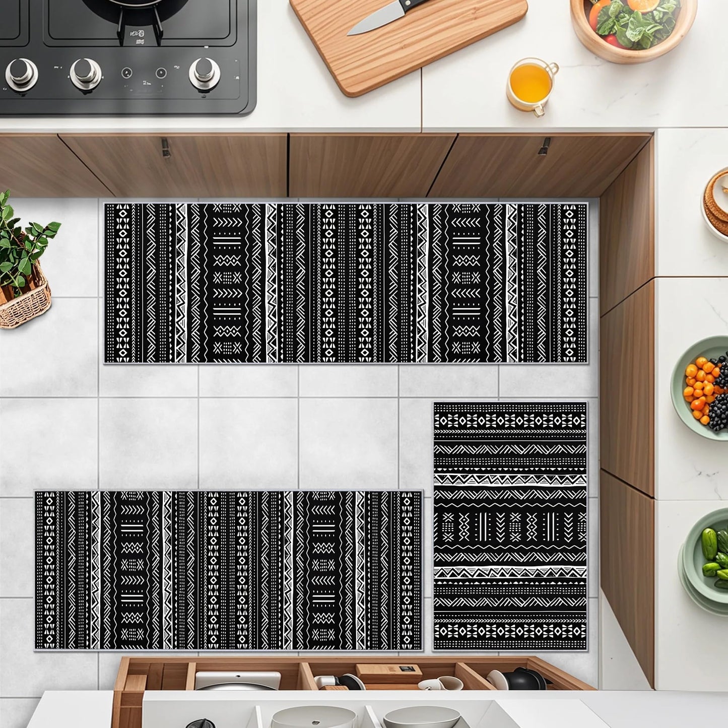 3 Piece Kitchen Rug Set – Non-Skid, Washable Boho Runner Rugs for Kitchen & Laundry Room