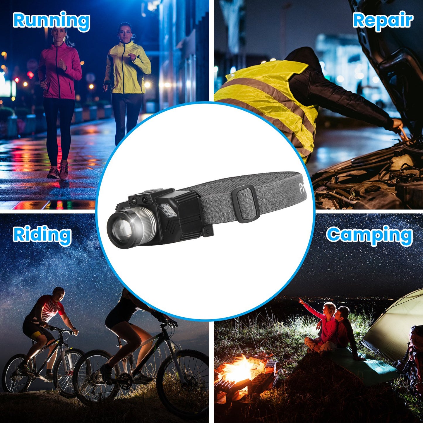 Motion Sensor LED Headlamp Zoomable Waterproof Flashlight 3 Modes
