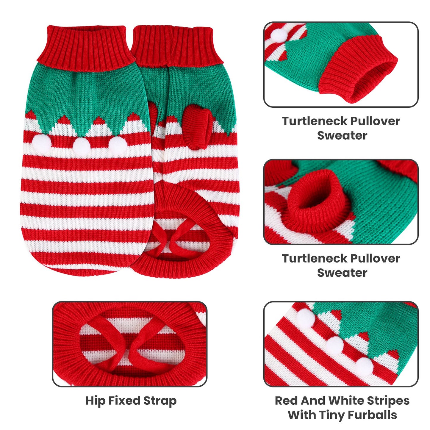 Pet Christmas Turtleneck Sweater – 2 Patterns, 4 Sizes for Dogs & Cats | Snowman & Stripes Holiday Costume