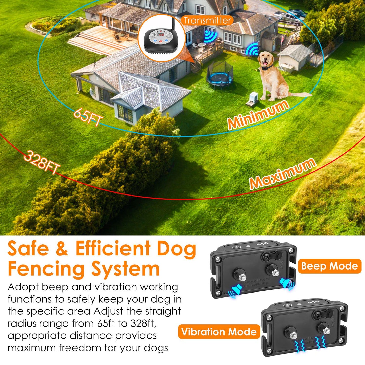 Wireless GPS Dog Fence System 328FT, Rechargeable Collar with Beep & Vibration for All Dog Sizes